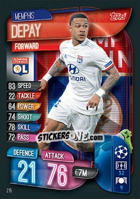 Sticker Memphis Depay - UEFA Champions League 2019-2020. Match Attax. UK Edition n. 215 - Topps