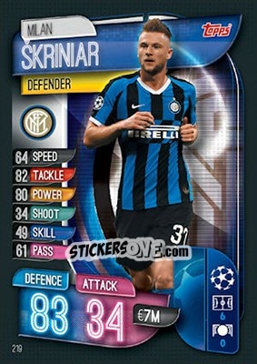 Sticker Milan Škriniar - UEFA Champions League 2019-2020. Match Attax. UK Edition n. 219 - Topps