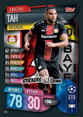 Sticker Jonathan Tah - UEFA Champions League 2019-2020. Match Attax. UK Edition n. 243 - Topps