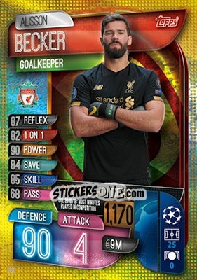 Sticker Alisson Becker - UEFA Champions League 2019-2020. Match Attax. UK Edition n. 312 - Topps