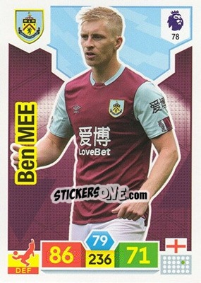 Sticker Ben Mee - English Premier League 2019-2020. Adrenalyn XL n. 78 - Panini