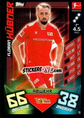 Sticker Florian Hübner - German Fussball Bundesliga 2019-2020. Match Attax - Topps