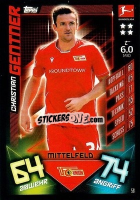 Sticker Christian Gentner - German Fussball Bundesliga 2019-2020. Match Attax n. 58 - Topps