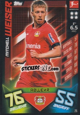 Sticker Mitchell Weiser - German Fussball Bundesliga 2019-2020. Match Attax n. 215 - Topps