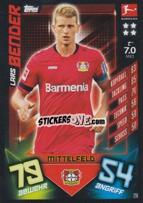 Sticker Lars Bender - German Fussball Bundesliga 2019-2020. Match Attax n. 216 - Topps
