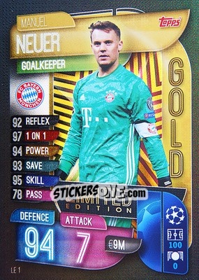 Sticker Manuel Neuer - UEFA Champions League 2019-2020. Match Attax. Spain/Portugal n. LE1 - Topps