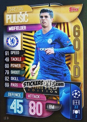 Sticker Christian Pulisic - UEFA Champions League 2019-2020. Match Attax. Spain/Portugal n. LE9 - Topps
