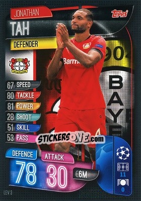 Sticker Jonathan Tah - UEFA Champions League 2019-2020. Match Attax. Italy n. LEV3 - Topps