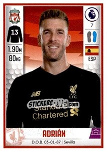 Figurina Adrián - Premier League Inglese 2019-2020 n. 286 - Panini
