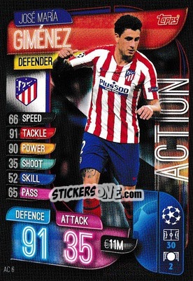 Sticker José María Giménez - UEFA Champions League 2019-2020. Match Attax Extra. UK Edition n. AC6 - Topps