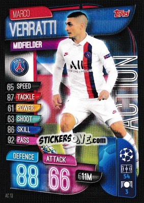 Sticker Marco Verratti - UEFA Champions League 2019-2020. Match Attax Extra. UK Edition n. AC13 - Topps