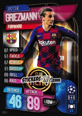 Sticker Antoine Griezmann - UEFA Champions League 2019-2020. Match Attax Extra. UK Edition n. CH3 - Topps