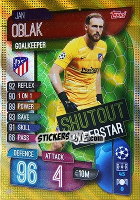 Sticker Jan Oblak - UEFA Champions League 2019-2020. Match Attax Extra. UK Edition n. SO5 - Topps