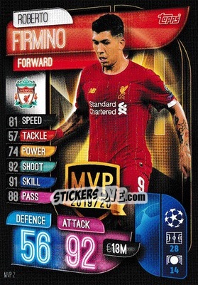 Sticker Roberto Firmino - UEFA Champions League 2019-2020. Match Attax Extra. UK Edition n. MVP2 - Topps