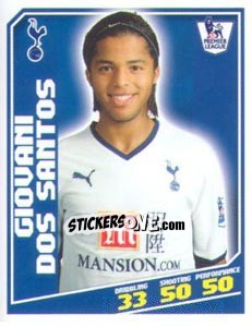 Sticker Giovani Dos Santos - Premier League Inglese 2008-2009 n. 417 - Topps