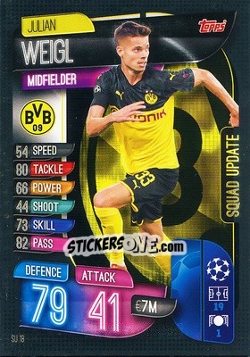 Sticker Julian Weigl - UEFA Champions League 2019-2020. Match Attax Extra. Spain/Portugal n. SU18 - Topps