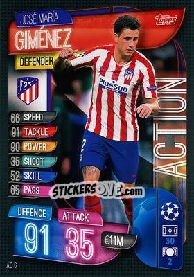 Sticker José Maria Giménez - UEFA Champions League 2019-2020. Match Attax Extra. Spain/Portugal n. AC6 - Topps