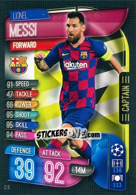 Sticker Lionel Messi - UEFA Champions League 2019-2020. Match Attax Extra. Spain/Portugal n. C5 - Topps