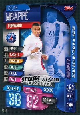 Sticker Kylian Mbappé - UEFA Champions League 2019-2020. Match Attax Extra. Spain/Portugal n. FB14 - Topps