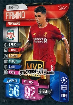 Sticker Roberto Firmino - UEFA Champions League 2019-2020. Match Attax Extra. Spain/Portugal n. MVP2 - Topps