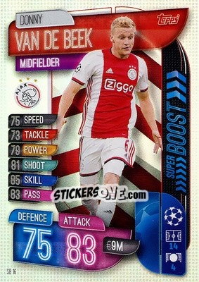 Sticker Donny van de Beek - UEFA Champions League 2019-2020. Match Attax Extra. Spain/Portugal n. SB16 - Topps