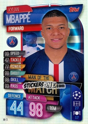 Sticker Kylian Mbappé - UEFA Champions League 2019-2020. Match Attax Extra. Spain/Portugal n. MM13 - Topps