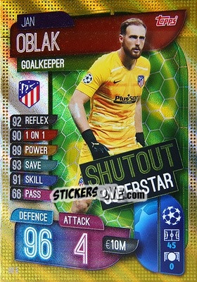 Sticker Jan Oblak - UEFA Champions League 2019-2020. Match Attax Extra. Spain/Portugal n. SO5 - Topps