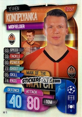 Sticker Yevhen Konoplyanka - UEFA Champions League 2019-2020. Match Attax Extra. Italy n. MM15 - Topps
