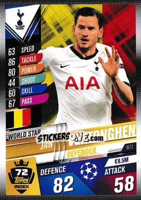 Sticker Jan Vertonghen - Match Attax 101. Season 2019-2020 n. W72 - Topps