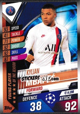 Sticker Kylian Mbappé - Match Attax 101. Season 2019-2020 n. YP4 - Topps