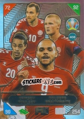 Sticker Christian Eriksen / Kasper Dolberg / Yussuf Poulsen / Martin Braithwaite - UEFA Euro 2020 Kick Off. Adrenalyn XL n. 408 - Panini