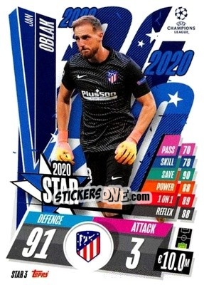 Sticker Jan Oblak - UEFA Champions League 2020-2021. Match Attax n. STAR3 - Panini