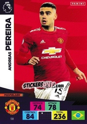 Sticker Andreas Pereira - English Premier League 2020-2021. Adrenalyn XL n. 58 - Panini