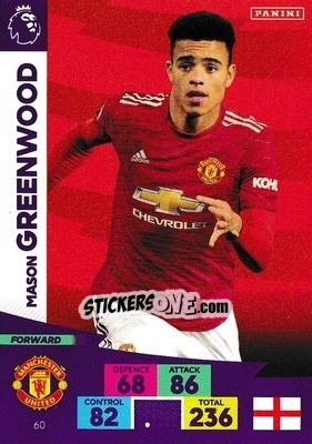 Sticker Mason Greenwood - English Premier League 2020-2021. Adrenalyn XL n. 60 - Panini
