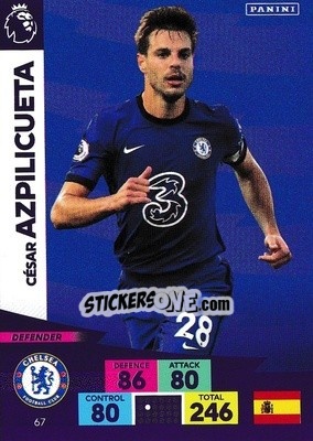 Sticker César Azpilicueta - English Premier League 2020-2021. Adrenalyn XL n. 67 - Panini