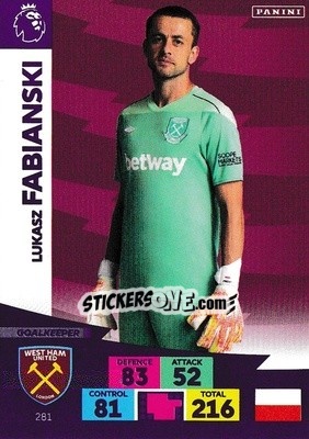 Sticker Lukasz Fabianski - English Premier League 2020-2021. Adrenalyn XL n. 281 - Panini