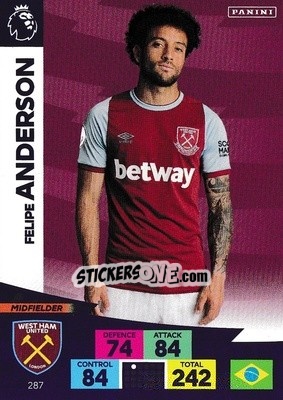 Sticker Felipe Anderson - English Premier League 2020-2021. Adrenalyn XL n. 287 - Panini