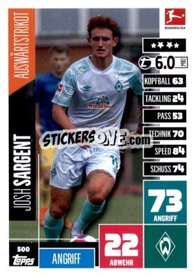 Sticker Josh Sargent - German Fussball Bundesliga 2020-2021. Match Attax Extra - Panini