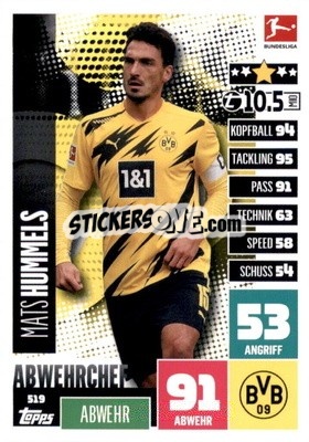 Sticker Mats Hummels - German Fussball Bundesliga 2020-2021. Match Attax Extra - Panini