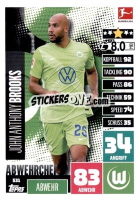 Sticker John Brooks - German Fussball Bundesliga 2020-2021. Match Attax Extra - Panini