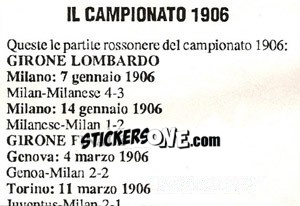 Cromo Il Campionato 1906 (Puzzle) - Milan Nella Storia Dal 1899 Al 1930 - Masters Edizioni