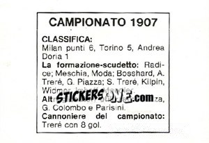 Sticker Campionato 1907 - Milan Nella Storia Dal 1899 Al 1930 - Masters Edizioni