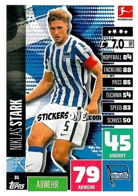 Sticker Niklas Stark - German Football Bundesliga 2020-2021. Match Attax - Topps
