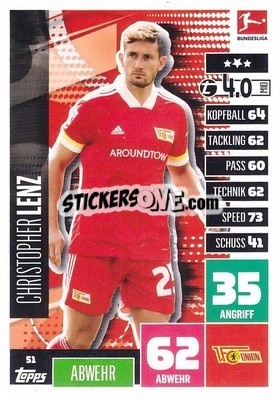 Sticker Christopher Lenz - German Football Bundesliga 2020-2021. Match Attax - Topps