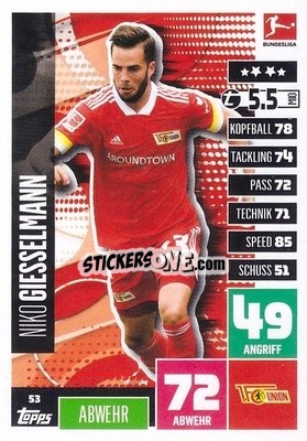 Figurina Niko Giesselmann - German Football Bundesliga 2020-2021. Match Attax - Topps