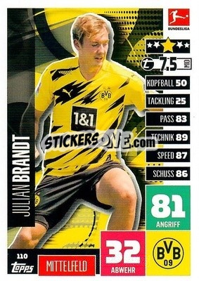 Sticker Julian Brandt - German Football Bundesliga 2020-2021. Match Attax - Topps