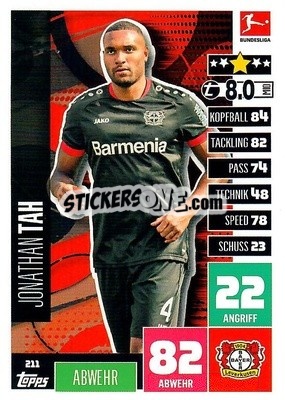 Sticker Jonathan Tah - German Football Bundesliga 2020-2021. Match Attax - Topps