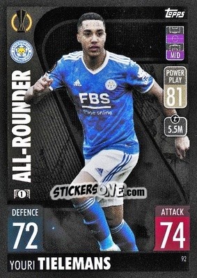 Sticker Youri Tielemans - UEFA Champions League & Europa League 2021-2022. Match Attax n. 92 - Topps