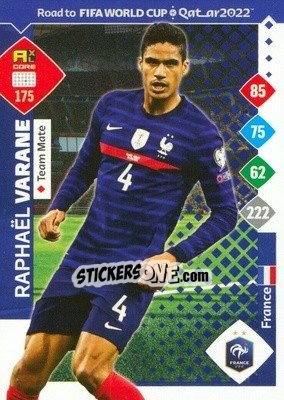Sticker Raphael Varane - Road to FIFA World Cup Qatar 2022. Adrenalyn XL n. 175 - Panini