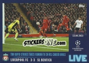 Sticker Two rapid strikes takes Firmino to 20 UCL career goals - UEFA Champions League 2021-2022 - Topps